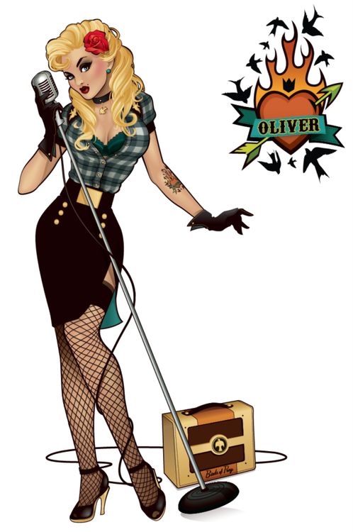 1girl black_canary black_gloves black_skirt blonde_hair bombshells choker cleavage dc_comics eyeshadow fishnets full_body gloves hair_flower heart_tattoo high_heels looking_at_viewer microphone oliver_queen pencil_skirt pin-up plaid simple_background skirt solo sparrow speaker tattoo thigh-highs white_background