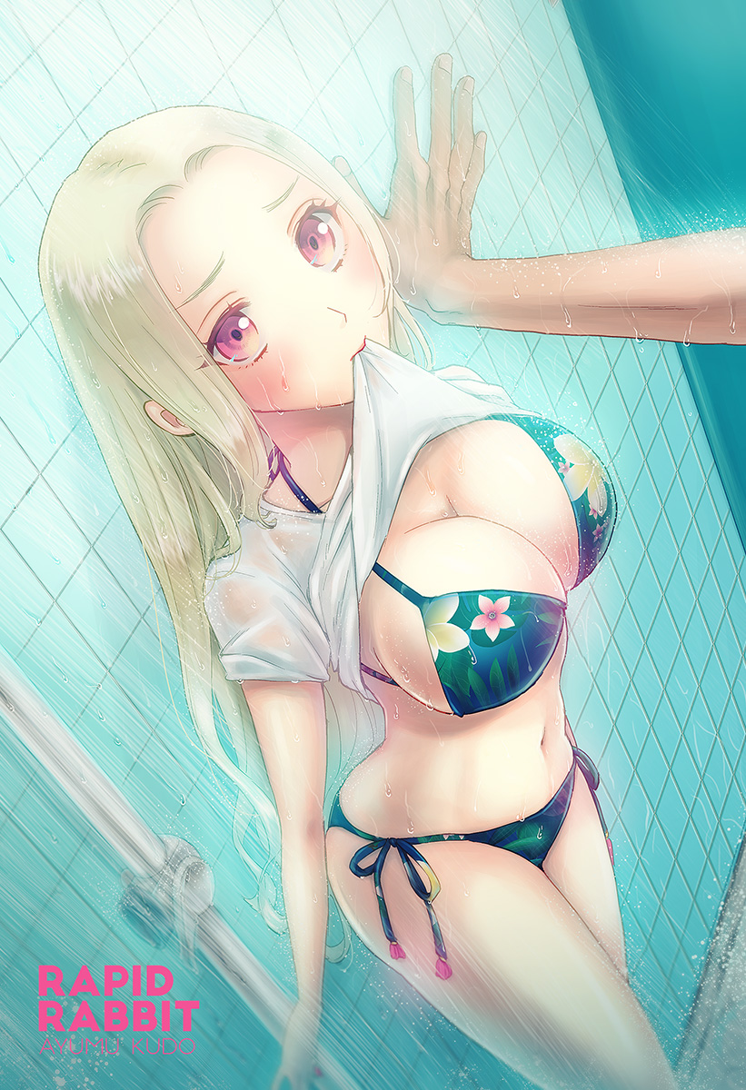 1girl artist_name bangs bikini black_bikini blonde_hair blush breasts cleavage collarbone dutch_angle english floral_print halterneck hand_on_wall highres kudo large_breasts long_hair looking_up medium_breasts mouth_hold navel original parted_bangs red_eyes see-through shirt shirt_lift short_sleeves shower side-tie_bikini solo_focus standing swimsuit tile_wall tiles very_long_hair wall_slam wet wet_clothes wet_shirt white_shirt
