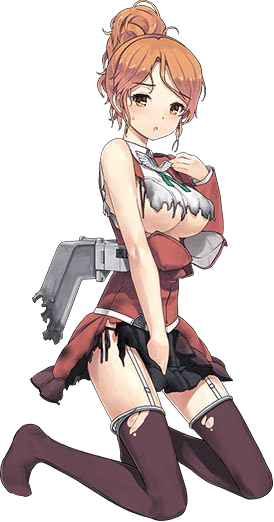 1girl aquila_(kantai_collection) black_panties breasts brown_eyes brown_hair covering damaged garter_straps jiji kantai_collection large_breasts machinery official_art panties ponytail side-tie_panties solo sweatdrop thigh-highs torn_clothes transparent_background under_boob underwear wavy_hair