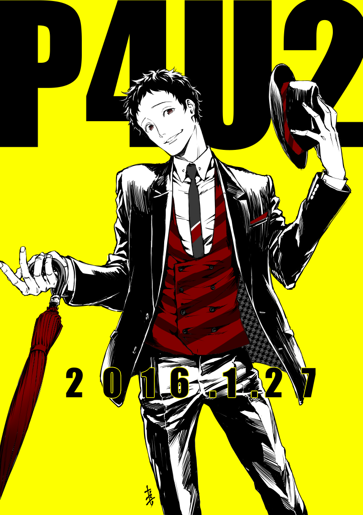 1boy 2016 adachi_tooru alternate_costume black_hat black_jacket black_necktie black_pants closed_umbrella collared_shirt copyright_name cowboy_shot dated fedora formal hat hat_removed head_tilt headwear_removed holding holding_hat holding_umbrella jacket limited_palette long_sleeves looking_at_viewer necktie official_art open_clothes open_jacket pants parted_lips persona persona_4:_the_ultimate_in_mayonaka_arena persona_4:_the_ultimax_ultra_suplex_hold red_vest saitou_rokuro shirt solo suit teeth umbrella waistcoat white_shirt wing_collar yellow_background