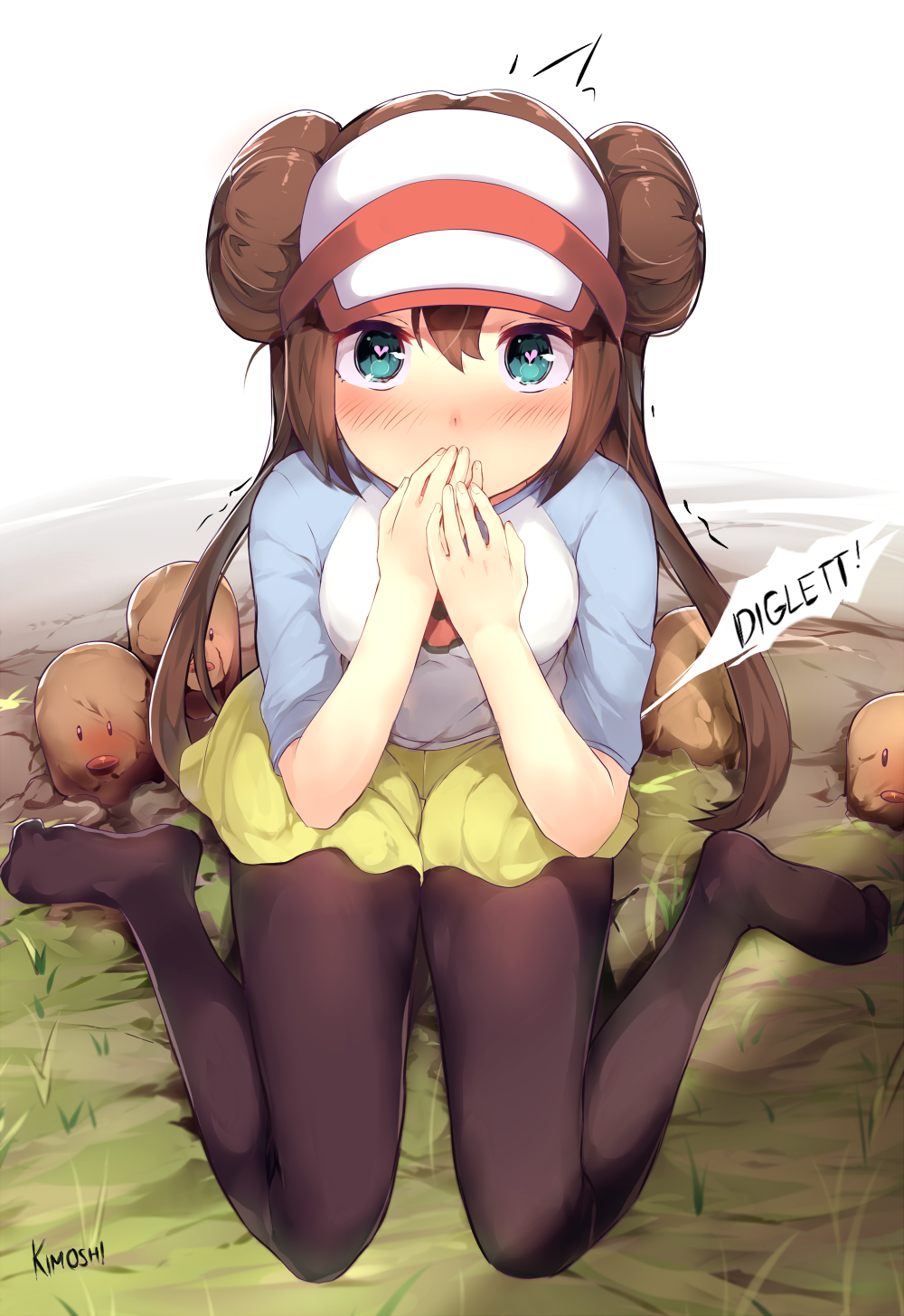 10s aqua_eyes artist_name blush covering_mouth deru06 diglett double_bun from_above grass hands_on_own_face heart heart-shaped_pupils highres legwear_under_shorts long_hair mei_(pokemon) no_shoes outdoors pantyhose pokemon pokemon_(creature) pokemon_(game) pokemon_bw2 raglan_sleeves sexually_suggestive shorts sitting symbol-shaped_pupils twintails very_long_hair visor_cap wariza
