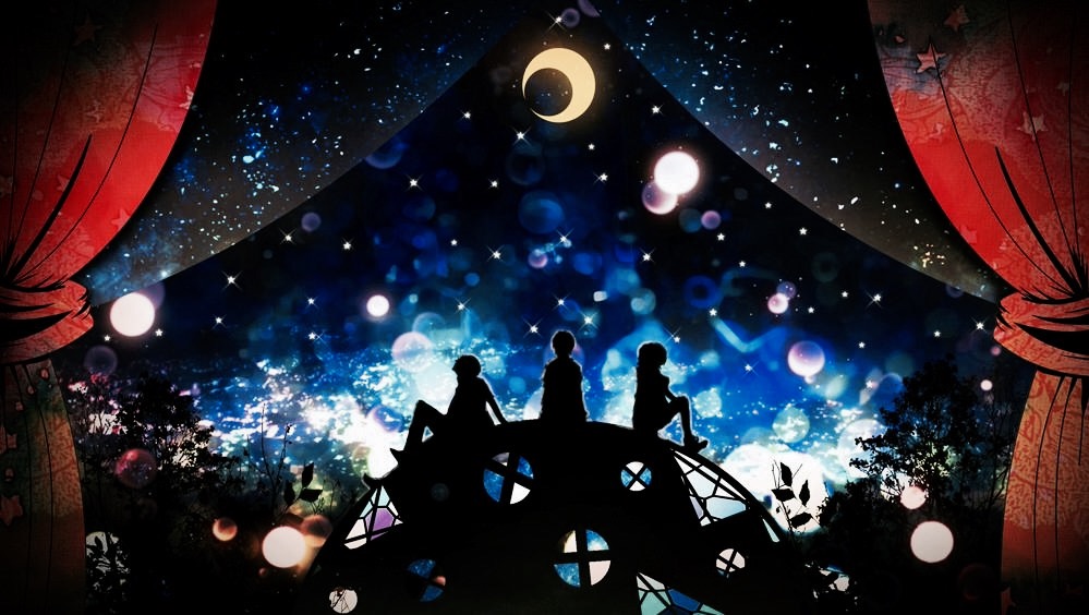 1girl 2boys abstract abstract_background copyright_request crescent_moon curtains harada_miyuki leaves lens_flare moon multiple_boys night night_sky plant profile scars silhouette sitting tree