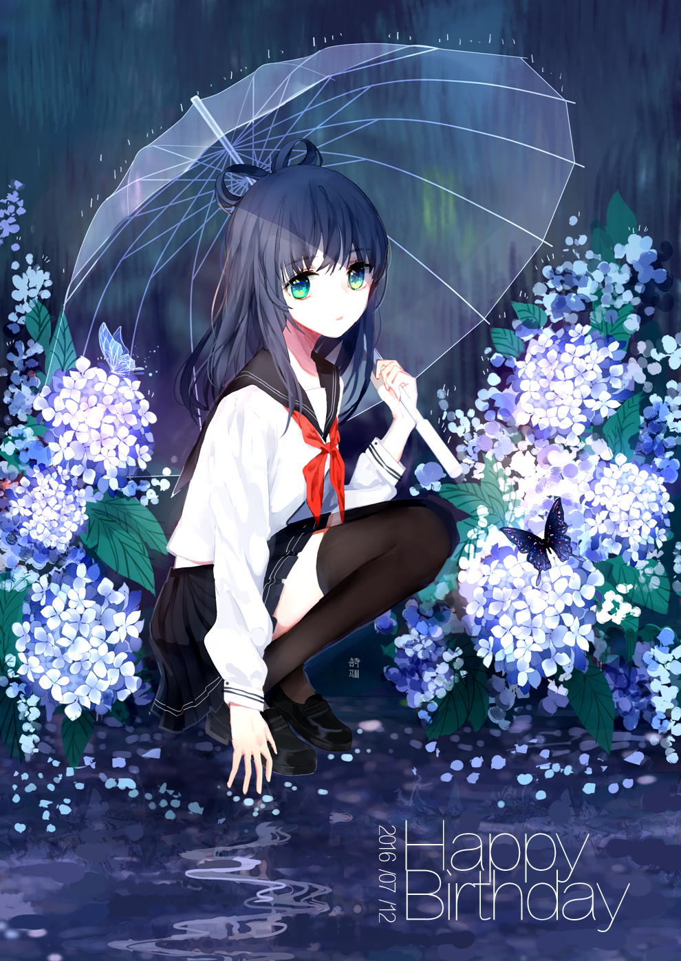 1girl 2016 arm_support artist_name black_legwear black_skirt blouse blue_hair butterfly dated english flower flower_request happy_birthday highres hydrangea loafers long_hair long_sleeves looking_at_viewer luo_tianyi neckerchief outdoors pleated_skirt puddle rain sailor_collar school_uniform serafuku shoes skirt solo squatting text thigh-highs transparent_umbrella umbrella vocaloid white_blouse yu_jiu zettai_ryouiki