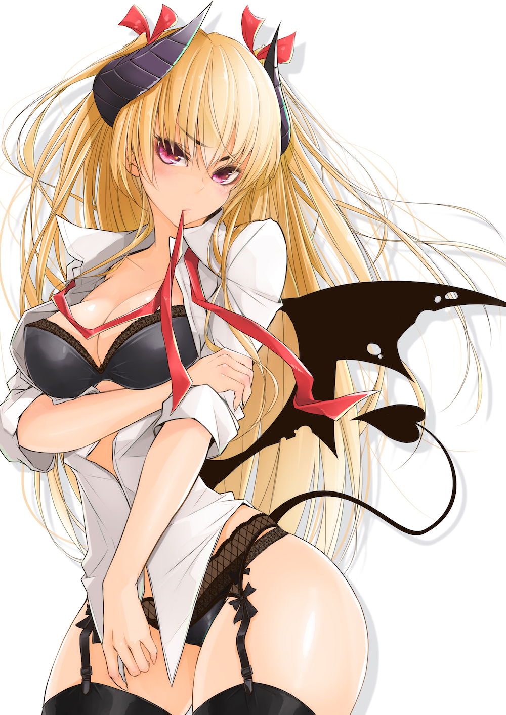 1girl bangs bat_wings black_bow black_bra black_legwear black_panties blonde_hair blush bow bra breasts cleavage collared_shirt contrapposto cowboy_shot demon_girl demon_horns demon_tail demon_wings eyebrows eyebrows_visible_through_hair eyelashes fingernails garter_belt hair_ribbon hand_on_own_arm head_tilt highres holding_arm horns lace large_breasts lips looking_at_viewer maru-pen mouth_hold neck_ribbon no_pants open_clothes open_shirt original panties red_ribbon ribbon ribbon_in_mouth shadow sharp_fingernails shirt simple_background sleeves_rolled_up solo succubus tail thigh-highs two_side_up underwear untied violet_eyes weapon white_shirt wings