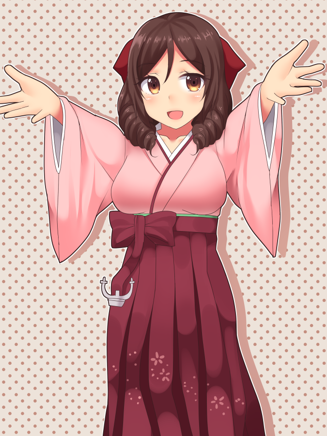 1girl bad_id bow breasts brown_eyes brown_hair drill_hair hair_bow hakama harukaze_(kantai_collection) japanese_clothes kantai_collection kimono looking_at_viewer meiji_schoolgirl_uniform neri_sachiko open_mouth outstretched_arms pink_kimono polka_dot polka_dot_background red_hakama smile solo spread_arms twin_drills