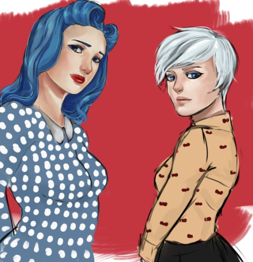 2girls alternate_costume alternate_hairstyle artist_request blue_eyes blue_hair bow_print eyeliner fairy_tail juvia_loxar lipstick lisanna_strauss long_sleeves looking_at_viewer multiple_girls over_shoulder pixie_cut polka_dot polka_dot_shirt red red_lipstick source_request victory_rolls white_hair