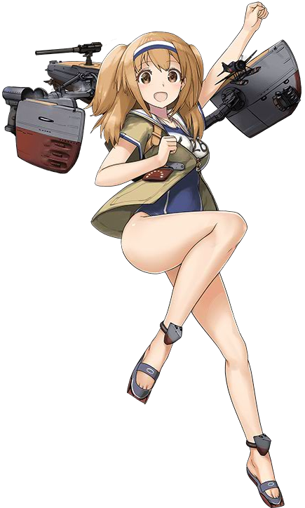1girl :d arm_up breasts full_body hairband i-26_(kantai_collection) kantai_collection kuuro_kuro light_brown_hair long_hair machinery medium_breasts new_school_swimsuit no_socks official_art open_mouth school_swimsuit smile solo swimsuit swimsuit_under_clothes transparent_background