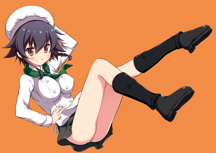 1girl arm_up black_boots black_hair boots braid breasts brown_eyes buttons chef_hat chef_uniform full_body girls_und_panzer hat knee_boots large_breasts long_sleeves looking_at_viewer miniskirt odawara_hakone orange_background pepperoni_(girls_und_panzer) short_hair side_braid simple_background single_braid skirt smile solo toque_blanche