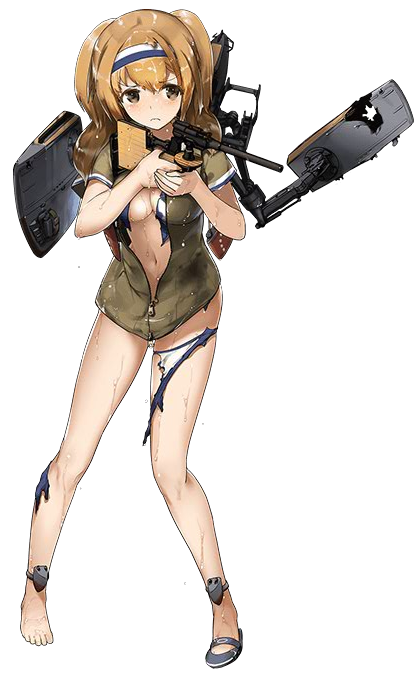 1girl barefoot breasts damaged feet full_body gun hairband i-26_(kantai_collection) kantai_collection kuuro_kuro light_brown_hair long_hair machinery medium_breasts navel new_school_swimsuit official_art open_clothes single_shoe solo swimsuit swimsuit_under_clothes torn_clothes transparent_background weapon wet zipper
