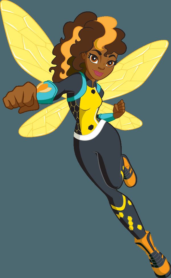 1girl artist_request backpack boots brown_eyes brown_hair bumble_bee dark_skin dc_comics full_body honeycomb_pattern insect_wings karen_beecher long_sleeves looking_at_viewer orange_boots source_request two-tone_hair wings