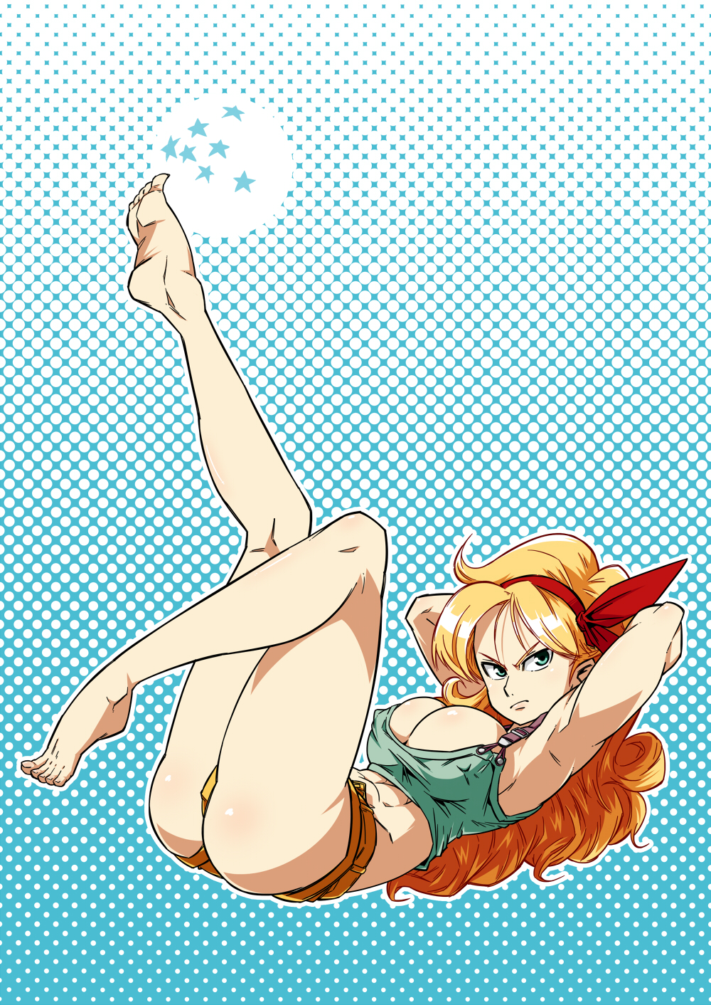 1girl abs arms_behind_head bad_anatomy bad_feet barefoot blonde_hair breasts crop_top dragon_ball exercise frown full_body gishi green_eyes hair_ribbon hairband halftone halftone_background highres large_breasts long_hair lunch_(dragon_ball) lying on_back outline poorly_drawn ribbon short_shorts shorts solo tank_top toned