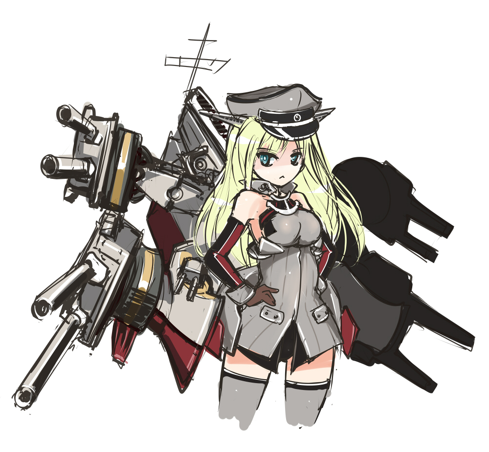 1girl :&lt; bismarck_(kantai_collection) blonde_hair blue_eyes cannon hands_on_hips hat kantai_collection long_hair no_nose raptor7 solo thigh-highs