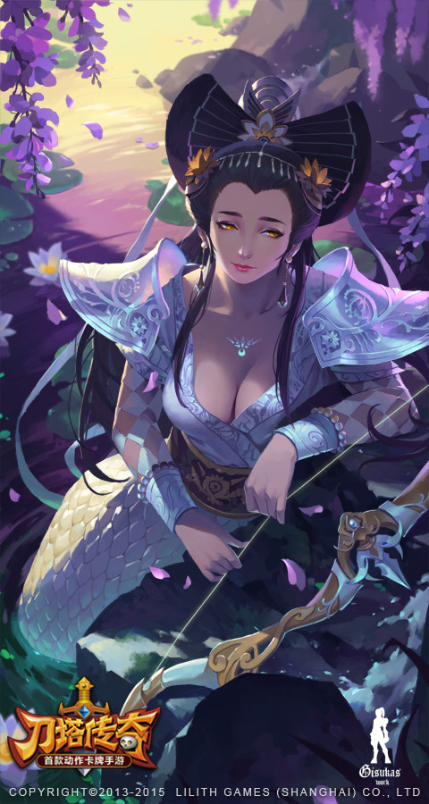 1girl 2015 armor artist_name baek_so-jin black_bow black_hair bow bow_(weapon) breasts cleavage closed_mouth collarbone copyright_name earrings flower gisuka_yan glowing hair_bow headpiece holding holding_weapon lily_pad lipstick long_hair long_sleeves looking_at_viewer makeup medium_breasts mermaid monster_girl outdoors partially_submerged petals plant red_lips rock scales shoulder_armor shoulder_pads solo soul_hunters tattoo water watermark weapon yellow_eyes