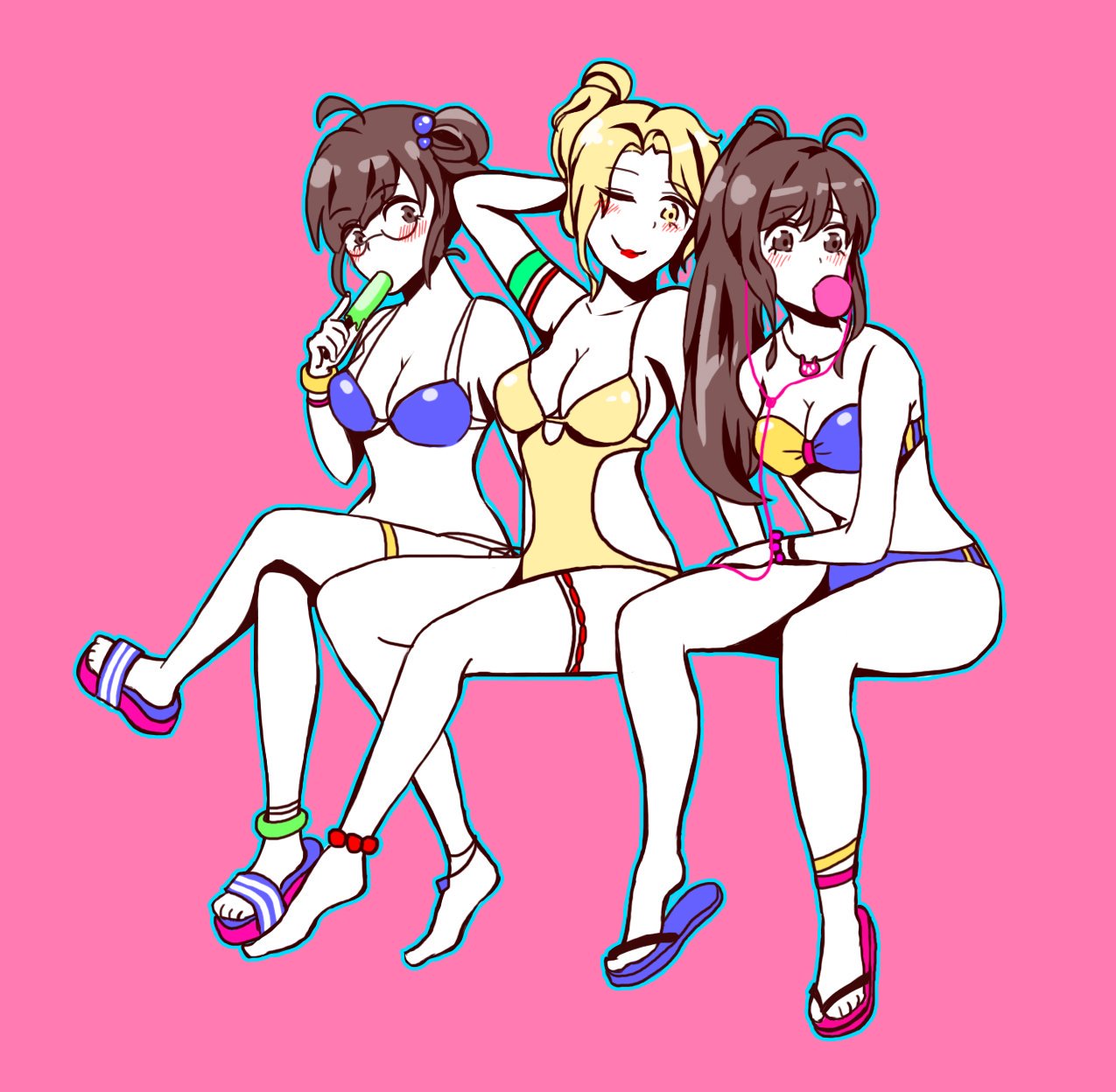 3girls ahoge alternate_hairstyle anklet arm_behind_back bangs bare_shoulders barefoot bikini black-framed_eyewear blonde_hair blush bracelet breasts brown_eyes brown_hair bubble_blowing bubblegum casual_one-piece_swimsuit cleavage collarbone d.va_(overwatch) earphones earplugs eating eyebrows eyebrows_visible_through_hair fingernails flip-flops glasses gum hair_bobbles hair_ornament highres jewelry legs_crossed long_hair looking_at_viewer medium_breasts mei_(overwatch) melting mercy_(overwatch) multiple_girls necklace one-piece_swimsuit outline overwatch pink_background ponytail popsicle sandals simple_background sitting smile strapless strapless_bikini string_bikini swimsuit thigh_strap wink yellow_bikini yellow_eyes yellow_swimsuit