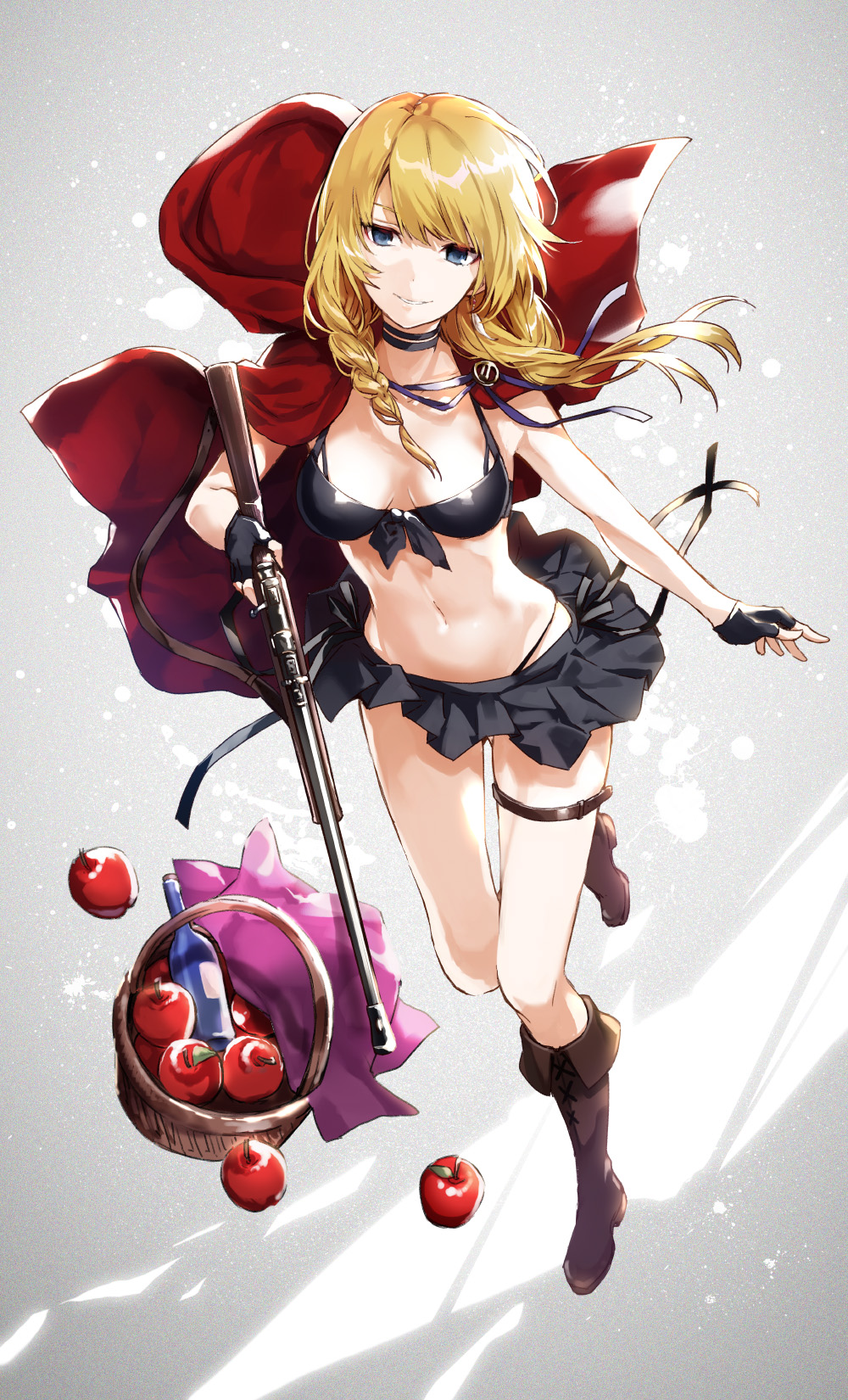 1girl apple arisaka_ako bangs basket bikini_top black_bra black_gloves black_panties black_ribbon black_skirt blonde_hair blue_eyes bolt_action boots bottle bra bra_strap braid breasts brown_boots choker cloak cloth cross-laced_footwear fingerless_gloves food front-tie_top fruit full_body gloves gluteal_fold grey_background grimm's_fairy_tales gun hair_half_undone hair_over_shoulder highres holding holding_gun holding_weapon hood hooded_cloak lace-up_boots little_red_riding_hood little_red_riding_hood_(grimm) long_hair looking_at_viewer medium_breasts midriff navel original panties pleated_skirt red_hood ribbon rifle skindentation skirt smile solo splatter standing standing_on_one_leg stomach thigh_strap underwear weapon