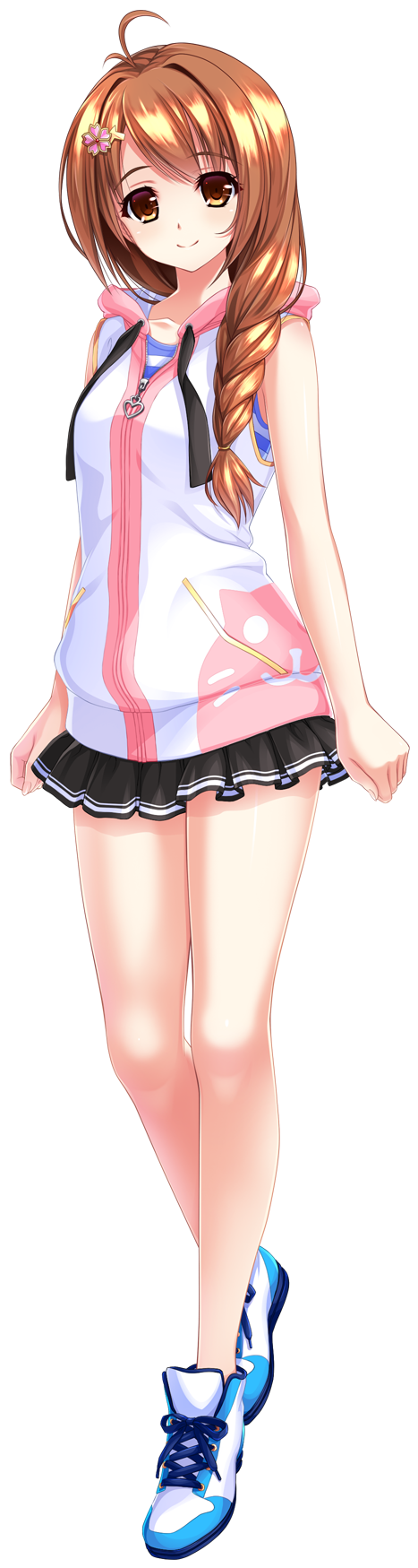 1girl amasaka_takashi brown_eyes brown_hair full_body hair_ornament hairclip highres long_hair looking_at_viewer pleated_skirt shoes simple_background skirt sleeveless sleeveless_hoodie smile sneakers solo standing transparent_background unionism_quartet warabi_tamao