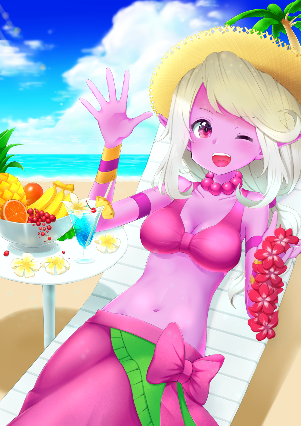 ;d alternate_costume armband banana beach blue_sky chair cherry drink drinking_straw error flower food fruit fruit_bowl hat highres jewelry league_of_legends lei long_hair midriff nanabe navel necklace one_eye_closed open_mouth orange order_of_the_banana_soraka palm_tree pineapple pineapple_slice pointy_ears ponytail purple_skin sitting sky smile soraka straw_hat summer table tree violet_eyes water white_hair wristband