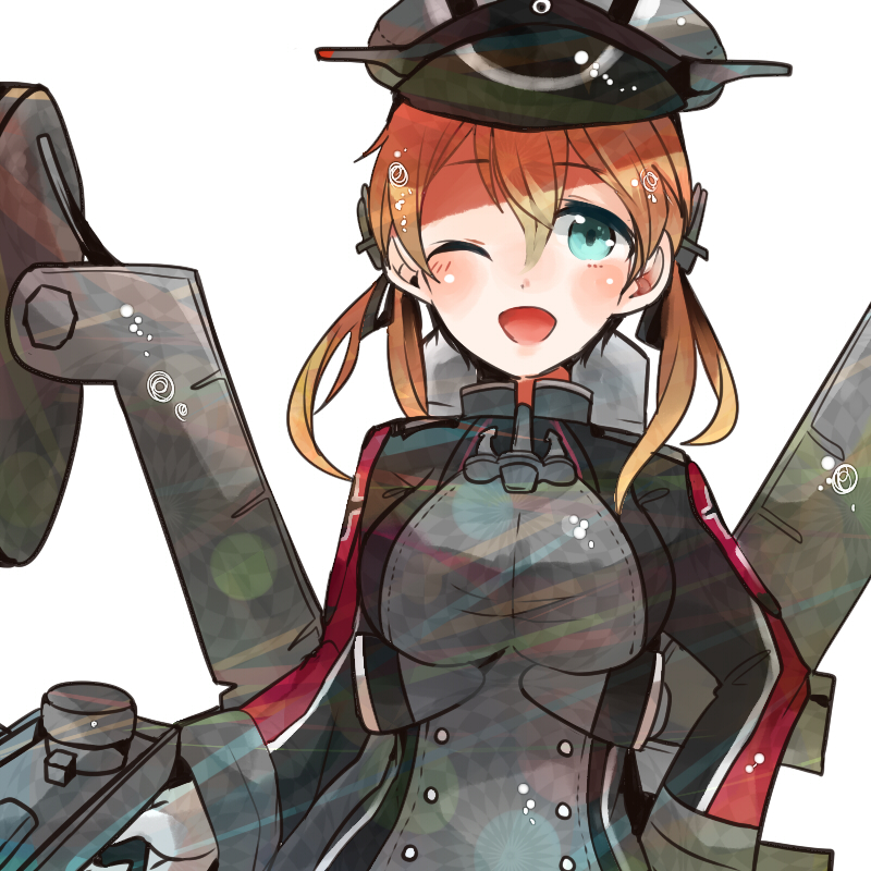 1girl ;d anchor_hair_ornament bangs black_ribbon blonde_hair blue_eyes blush breasts eyebrows eyebrows_visible_through_hair gloves hair_between_eyes hair_ornament hair_ribbon hat iron_cross itomugi-kun kantai_collection large_breasts long_hair long_sleeves looking_at_viewer machinery medium_breasts one_eye_closed open_mouth peaked_cap prinz_eugen_(kantai_collection) ribbon simple_background smile solo twintails uniform upper_body white_background white_gloves