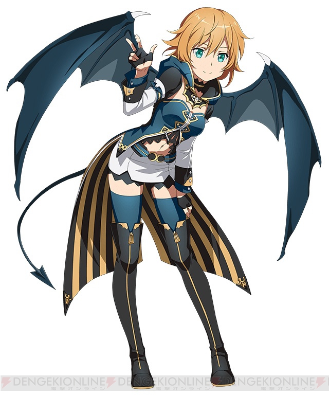 1girl aqua_eyes black_boots black_gloves black_legwear blue_legwear boots brown_hair demon_tail demon_wings fingerless_gloves gloves leaning_forward looking_at_viewer multiple_girls navel philia_(sao) short_hair simple_background smile solo striped sword_art_online sword_art_online:_code_register tail thigh-highs thigh_boots vertical_stripes white_background wings zettai_ryouiki