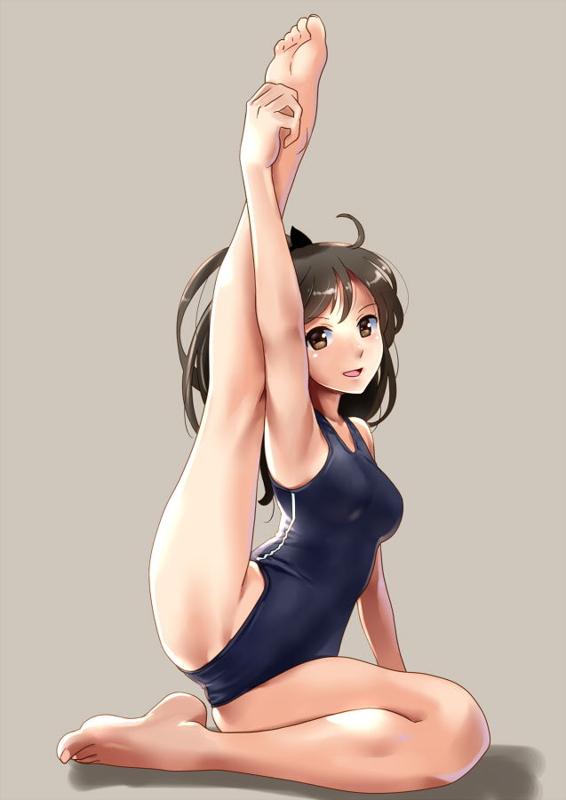 1girl armpits barefoot blush brown_eyes brown_hair feet flexible foot_hold full_body hands_on_feet katahira_masashi leg_up long_hair looking_at_viewer one-piece_swimsuit open_mouth original ponytail simple_background smile soles solo stretch swimsuit toes
