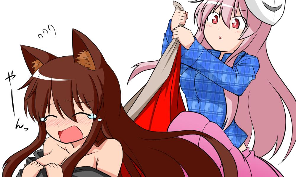 2girls animal_ears bare_shoulders blush breasts brown_hair bubble_skirt cleavage collarbone crying dress dress_pull expressionless flying_sweatdrops hata_no_kokoro imaizumi_kagerou katsumi5o large_breasts long_hair long_sleeves mask_on_head multiple_girls nose_blush off-shoulder_dress off_shoulder pink_hair pink_skirt plaid plaid_shirt pulled_by_another red_eyes shirt skirt touhou undressing wolf_ears