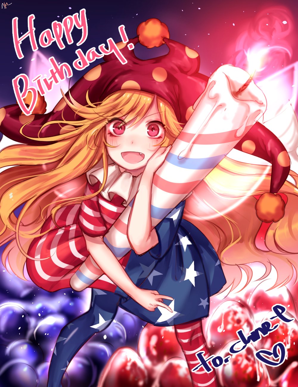 1girl american_flag_dress american_flag_legwear blonde_hair blush candle clownpiece dress fairy_wings fang fire happy_birthday hat highres jester_cap long_hair looking_at_viewer neck_ruff open_mouth oversized_object pantyhose polka_dot red_eyes short_dress smile solo star star_print striped tis_(shan0x0shan) touhou very_long_hair wings