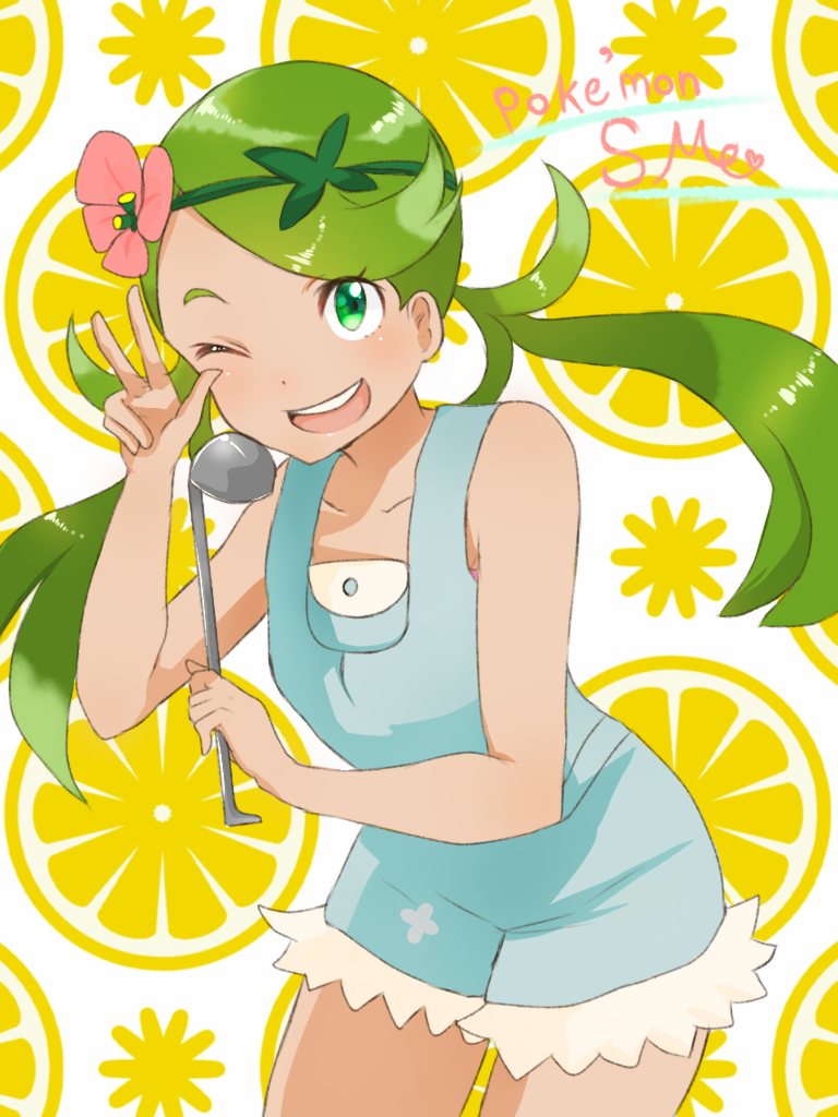 10s 1girl flower green_eyes green_hair hair_flower hair_ornament hairband holding ladle lemon long_hair looking_at_viewer mallow_(pokemon) matching_hair/eyes open_mouth overalls pokemon pokemon_sm smile solo tied_hair twintails v wink