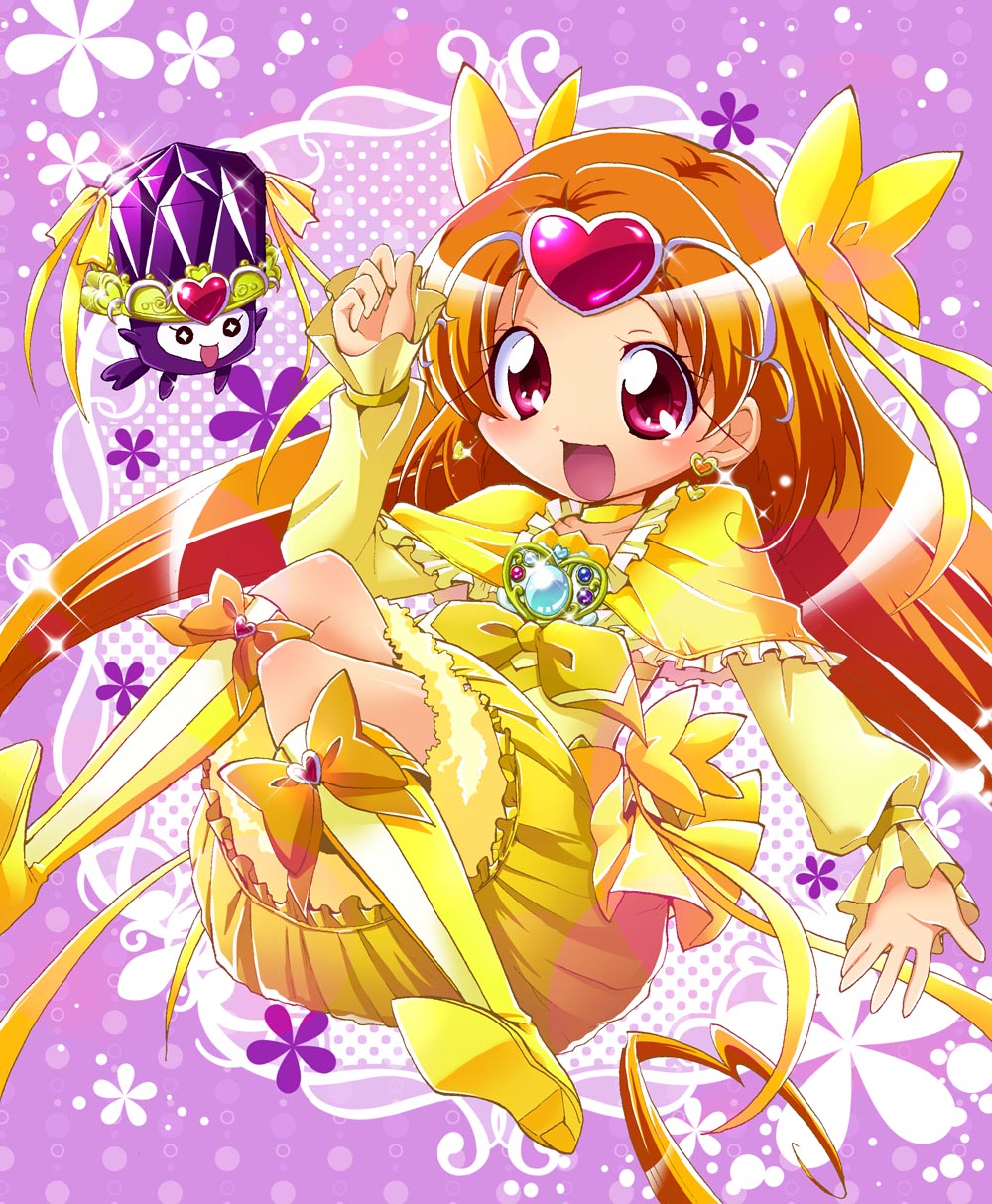 1girl boots bow brooch bubble_skirt choker circlet cure_muse cure_muse_(yellow) dodory dress earrings eyelashes fairy_tone frills full_body hair_ribbon happy heart highres jewelry karak_nishiki knee_boots long_hair magical_girl orange_hair precure purple_background red_eyes ribbon shirabe_ako skirt suite_precure yellow_bow