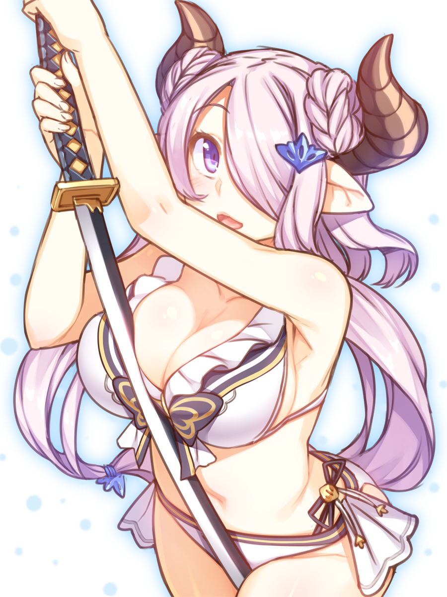 1girl :d armpits bikini blush breasts cleavage cowboy_shot doraf frilled_bikini frills granblue_fantasy hair_ornament hair_over_one_eye highres horns katana large_breasts lavender_hair long_hair looking_at_viewer low_tied_hair narumeia_(granblue_fantasy) open_mouth pointy_ears racer_(magnet) sideboob smile solo swimsuit sword unsheathed violet_eyes weapon white_bikini