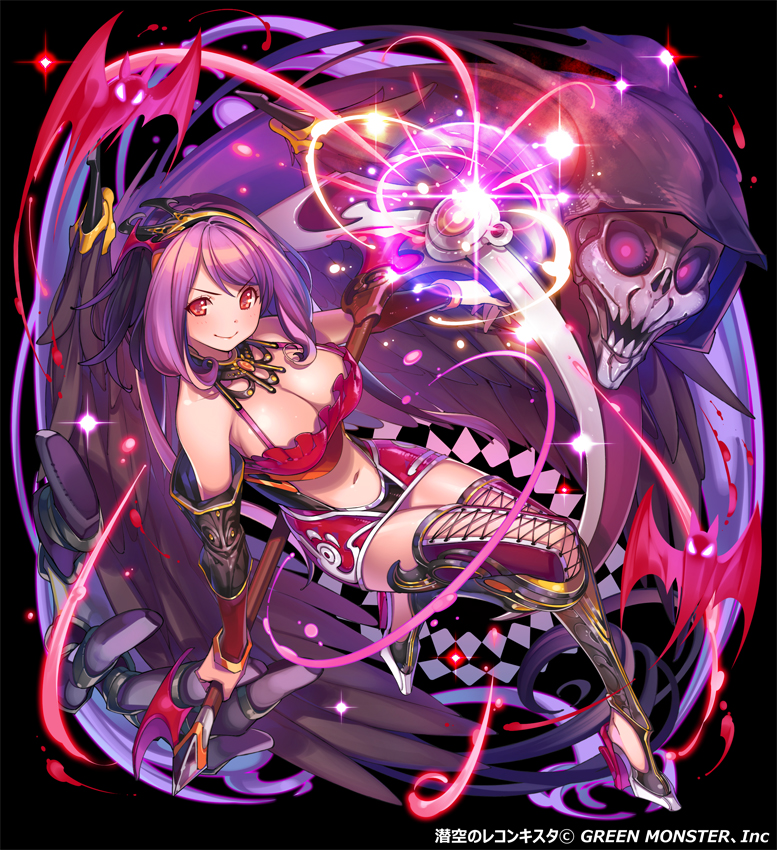 &gt;:) 1girl black_background blush breasts closed_mouth commentary_request detached_sleeves eyebrows_visible_through_hair full_body holding holding_staff large_breasts long_hair looking_at_viewer magic navel navel_cutout official_art original pop_kyun purple_hair red_eyes red_skirt shoes skirt skull smile solo staff thigh-highs watermark