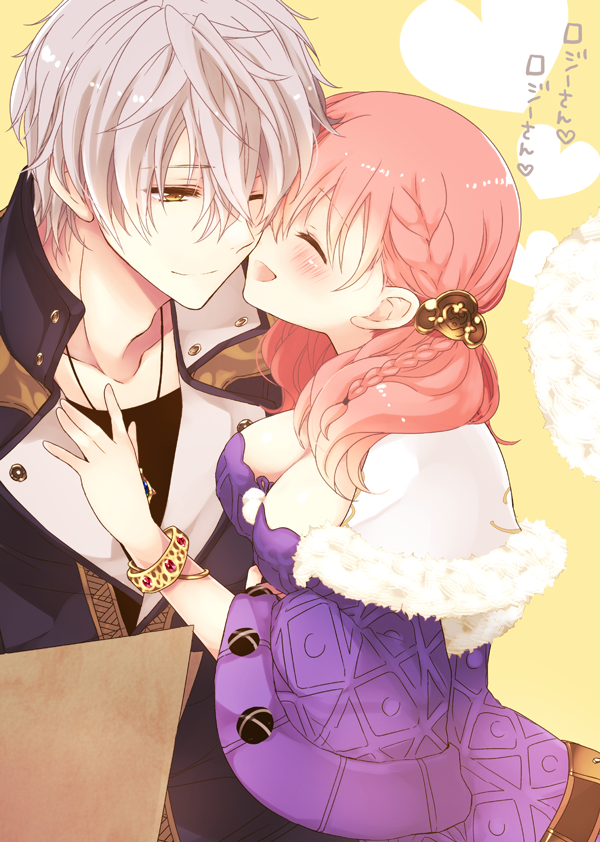 1boy 1girl :d ;) ^_^ amiko_(frostedchocolate) atelier_(series) atelier_escha_&amp;_logy braid closed_eyes couple escha_malier grey_hair hetero logix_ficsario long_hair one_eye_closed open_mouth pink_hair short_hair smile translated twintails yellow_eyes