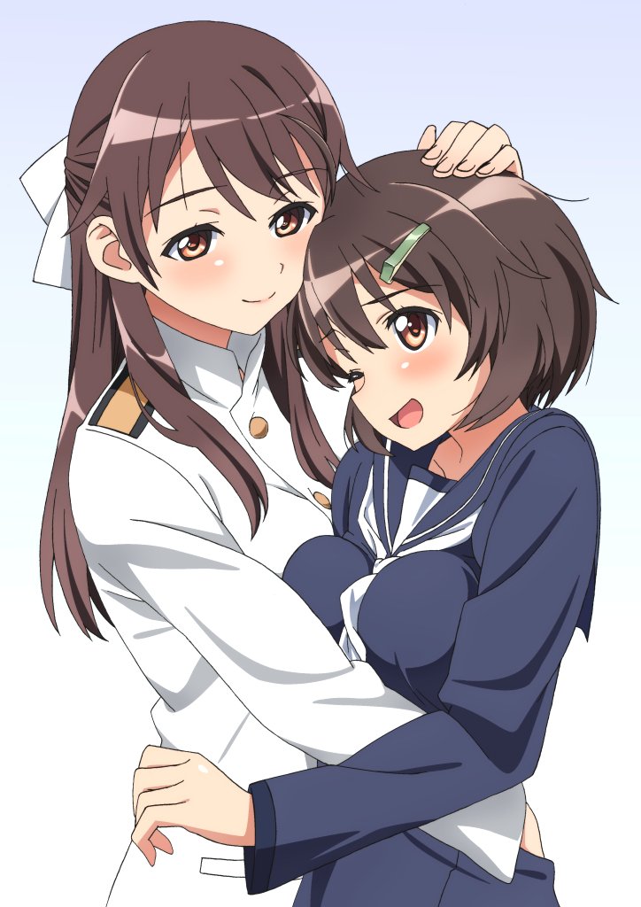 2girls blush hair_clip hug karibuchi_hikari karibuchi_takami kogarashi51 long_hair multiple_girls school_uniform serafuku short_hair strike_witches