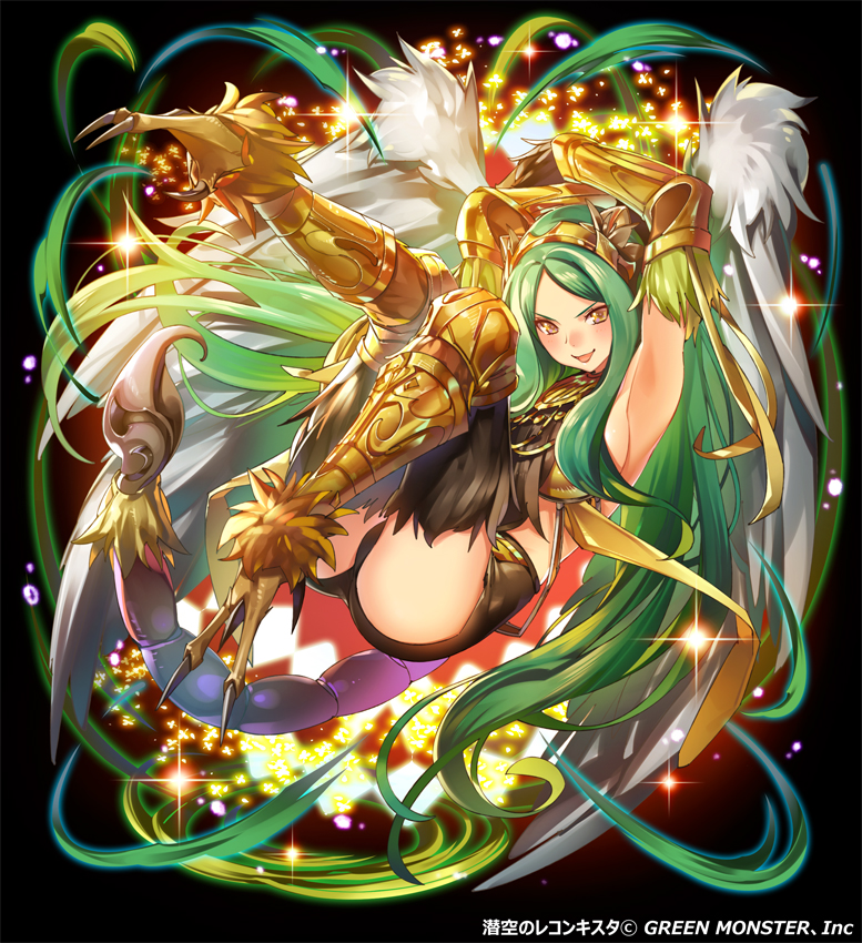 &gt;:) 1girl :d armor armpits ass black_background blush breasts claws copyright_request green_eyes green_hair grin leg_armor long_hair looking_at_viewer magic official_art open_mouth original parted_lips pop_kyun scorpion_tail sideboob smile solo tail talons vambraces watermark wings yellow_eyes