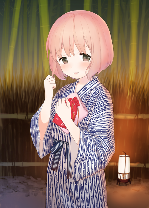 1girl bamboo bath_yukata blush brown_eyes japanese_clothes kimono kinchaku lantern pink_hair playing_with_own_hair sekiya_asami short_hair smile solo towel yukata