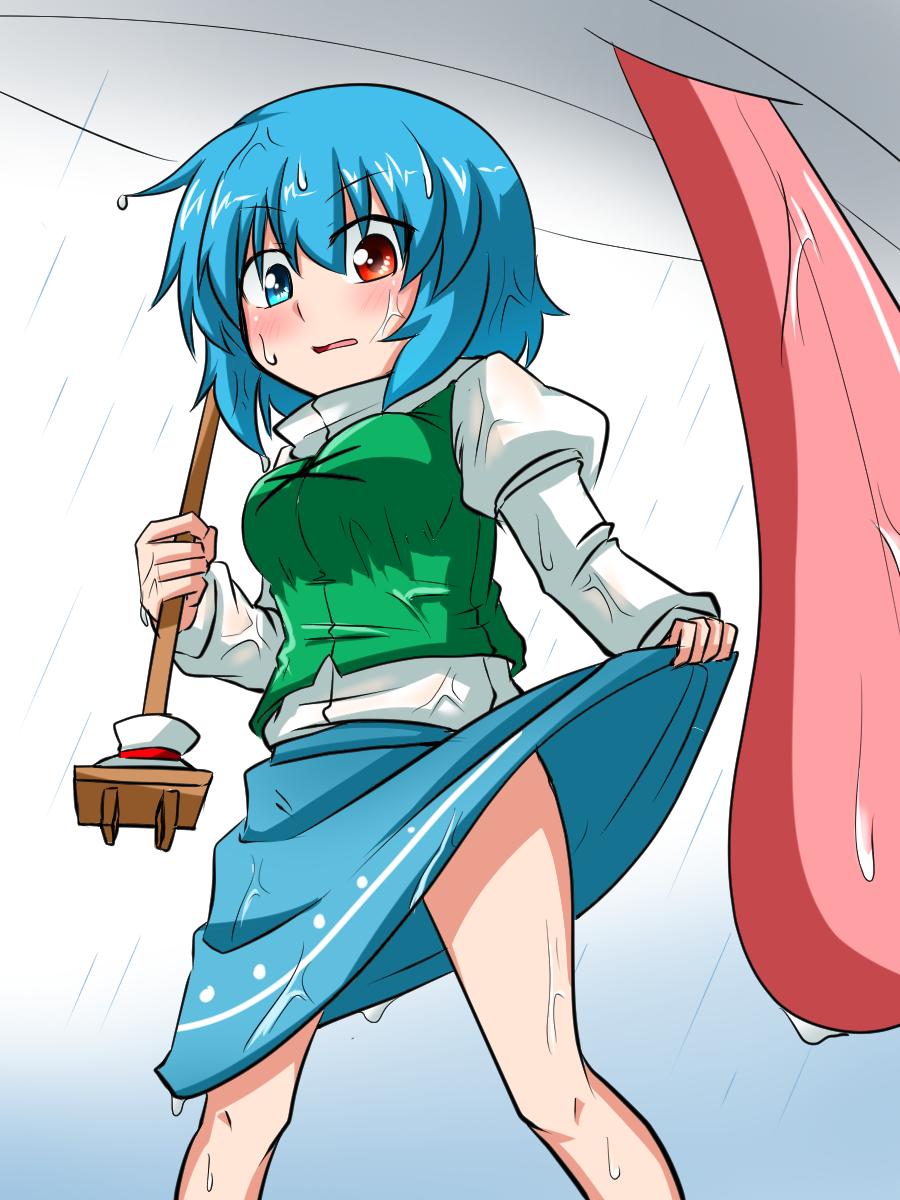 1girl blue_eyes blue_hair blue_skirt green_vest heterochromia highres juliet_sleeves katsumi5o lifted_by_self long_sleeves open_mouth parted_lips puffy_sleeves rain red_eyes see-through see-through_silhouette short_hair skirt skirt_lift solo tatara_kogasa tongue touhou wet wet_clothes