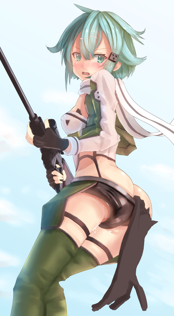 1girl anti-materiel_rifle aqua_eyes aqua_hair ass blush breasts butt_crack cat fingerless_gloves from_behind gloves gun hair_ornament hairclip holding holding_weapon looking_back no_panties open_mouth pgm_hecate_ii rifle scarf shinon_(sao) short_hair short_shorts shorts shorts_pull sniper_rifle solo standing sword_art_online weapon yagni
