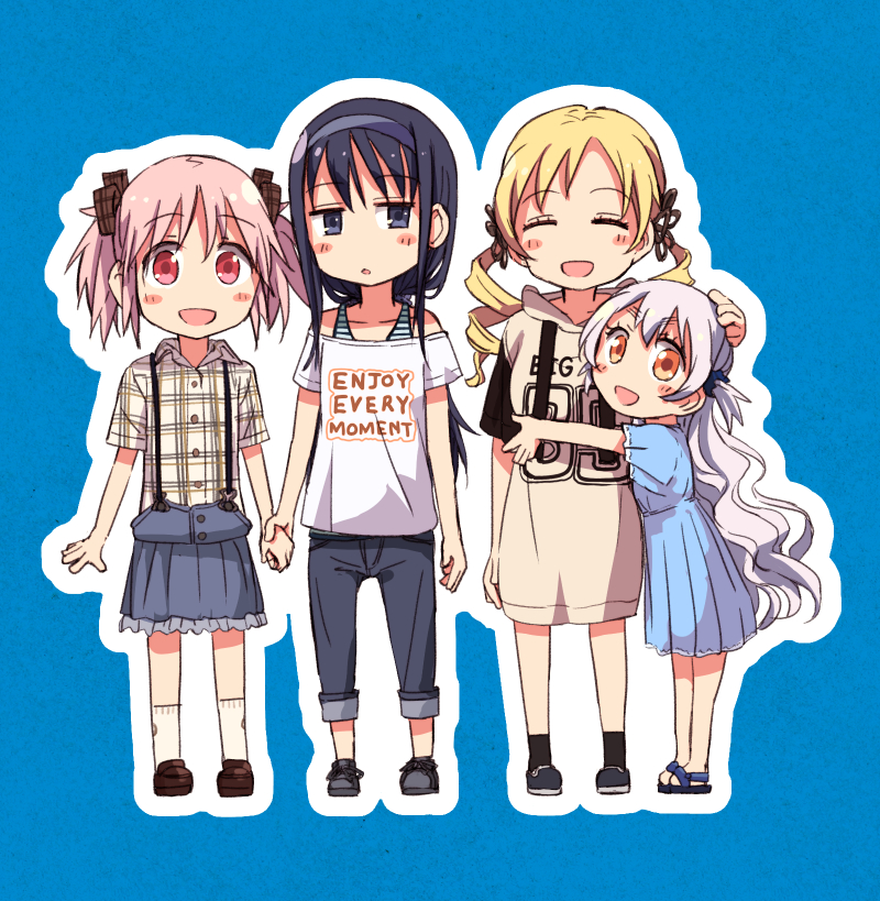 4girls :d akemi_homura black_hair blonde_hair blue_background blue_dress blue_skirt blush_stickers brown_footwear capri_pants closed_eyes clothes_writing collarbone dress dress_shirt drill_hair eyebrows_visible_through_hair frilled_skirt frills full_body hair_ribbon hairband hand_on_another's_head hands_together holding_hands hug kaname_madoka long_hair looking_at_viewer low_ponytail mahou_shoujo_madoka_magica momoe_nagisa multiple_girls off-shoulder_shirt off_shoulder open_mouth orange_eyes outline pants pink_eyes pink_hair plaid plaid_shirt purple_hairband ribbon ryuunosuke_(luckyneco) shirt short_hair short_sleeves skirt smile standing suspender_skirt suspenders t-shirt tomoe_mami twin_drills twintails two_side_up very_long_hair violet_eyes white_hair white_outline white_shirt |d