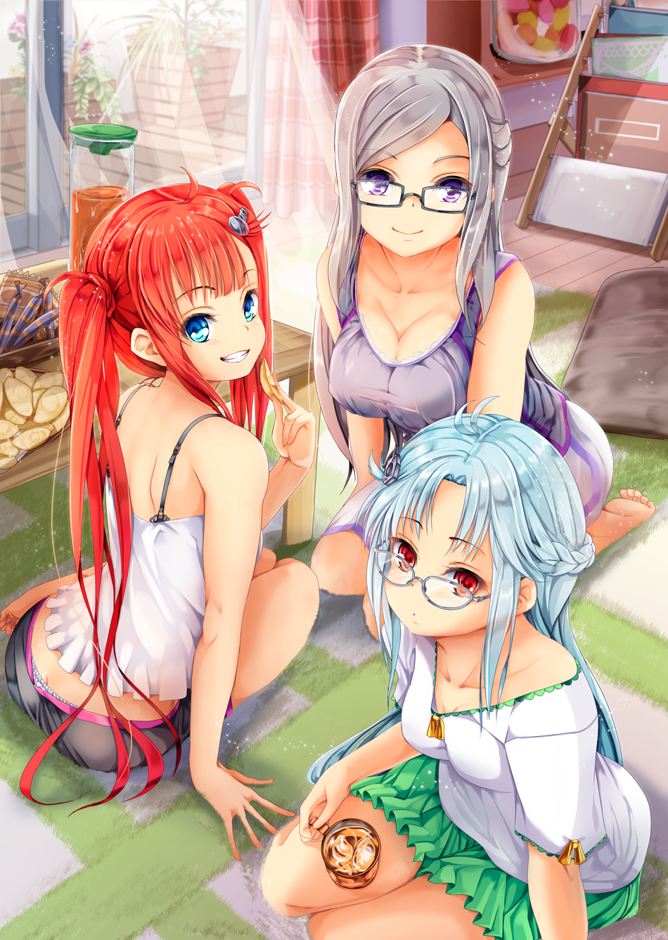 3girls :d ahoge antenna_hair arm_at_side arm_support ass bag_of_chips balcony bangs bare_arms bare_legs bare_shoulders barefoot black-framed_eyewear black_shorts blouse blue_eyes blunt_bangs blush braid breasts butt_crack camisole carpet casual character_request chips cleavage closed_mouth collarbone copyright_request cup curtains day drink eyebrows eyebrows_visible_through_hair female food french_braid from_above glass glasses green_skirt grey-framed_glasses grey_hair grin hair_ornament hairclip half_updo highres hinabita holding holding_cup holding_food hopper ice ice_cube iced_tea indoors jar jug large_breasts leaning_forward light_particles liquid long_hair looking_at_viewer looking_back magazine medium_breasts miniskirt multiple_girls no_bra on_ground open_mouth panties panty_slip pillow plant pleated_skirt potato_chips potted_plant red_eyes redhead room rug seiza shinonome_kokona shinonome_natsuhi shirt short_sleeves shorts sidelocks silver_hair sitting skirt sleeveless sliding_doors small_breasts smile snack soles sunlight swept_bangs table tank_top teeth toes twintails underwear upshorts violet_eyes wariza white_blouse white_panties white_shirt wind wooden_floor wooden_table yokozuwari