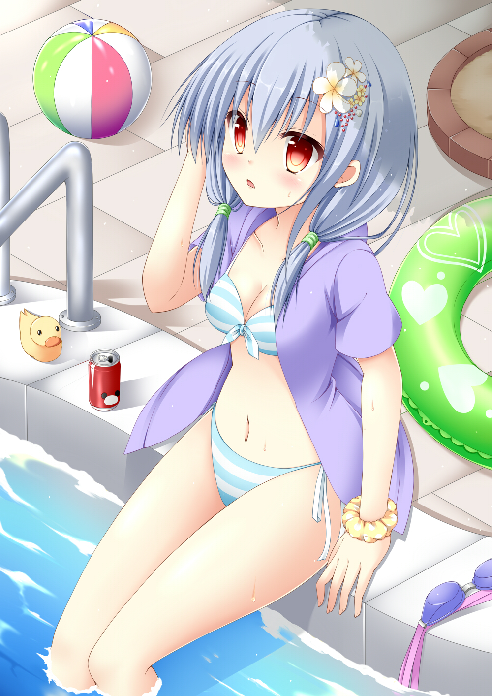 1girl ball beachball blush breasts can cleavage dress dress_lift goggles goggles_removed highres innertube long_hair navel open_mouth original poolside red_eyes redhead rubber_duck silver_hair sitting soda_can solo swimsuit wet yuuki_tokinomado