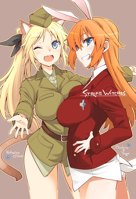 2girls animal_ears ass blonde_hair blue_eyes breast_press breasts bunny_tail cat_ears cat_tail character_name charlotte_e_yeager fang fujii_jun grin hair_ribbon hands_on_hips hat katharine_ohare large_breasts long_hair looking_at_viewer military military_uniform multiple_girls no_pants one_eye_closed orange_hair panties ponytail rabbit_ears ribbon smile strike_witches tail underwear uniform world_witches_series