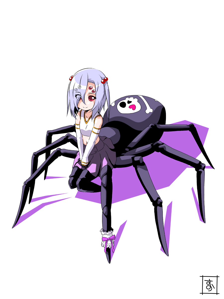 1girl arachne carapace detached_sleeves extra_eyes eyes_visible_through_hair full_body highres insect_girl lavender_hair monster_girl monster_musume_no_iru_nichijou multiple_legs pink_eyes rachnera_arachnera s-now shadow signature simple_background solo spider_girl white_background younger