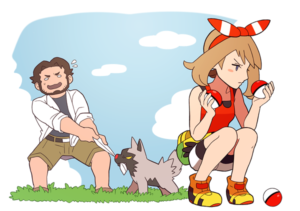 10s 1boy 1girl beard bike_shorts blue_eyes blue_sky blush blush_stickers brown_hair facial_hair gojya hair_ribbon haruka_(pokemon) haruka_(pokemon)_(remake) holding holding_poke_ball labcoat o_o odamaki_(pokemon) outdoors poke_ball pokemon pokemon_(creature) pokemon_(game) pokemon_oras poochyena ribbon shirt shoes short_shorts shorts sky sneakers squatting thinking two_side_up