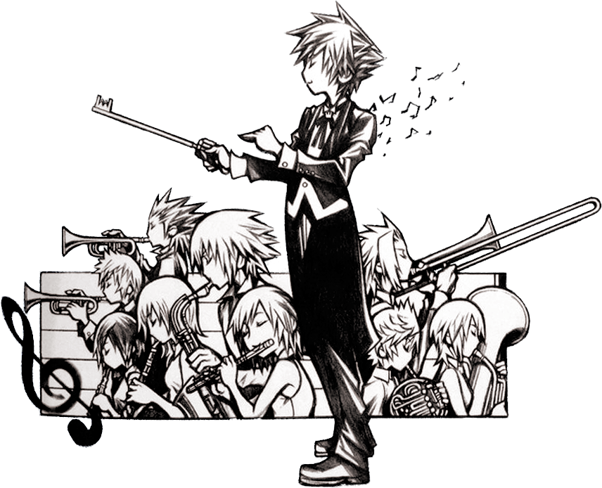 4girls 6+boys alternate_costume aqua_(kingdom_hearts) axel_(kingdom_hearts) beamed_quavers clarinet conductor formal greyscale instrument kairi_(kingdom_hearts) kingdom_hearts monochrome multiple_boys multiple_girls music musical_note namine namine_(kingdom_hearts) nomura_tetsuya official_art playing_instrument quaver riku riku_(kingdom_hearts) roxas roxas_(kingdom_hearts) saxophone sora_(kingdom_hearts) spiky_hair square_enix terra_(kingdom_hearts) transparent_background treble_clef trumpet ventus ventus_(kingdom_hearts) xion_(kingdom_hearts)