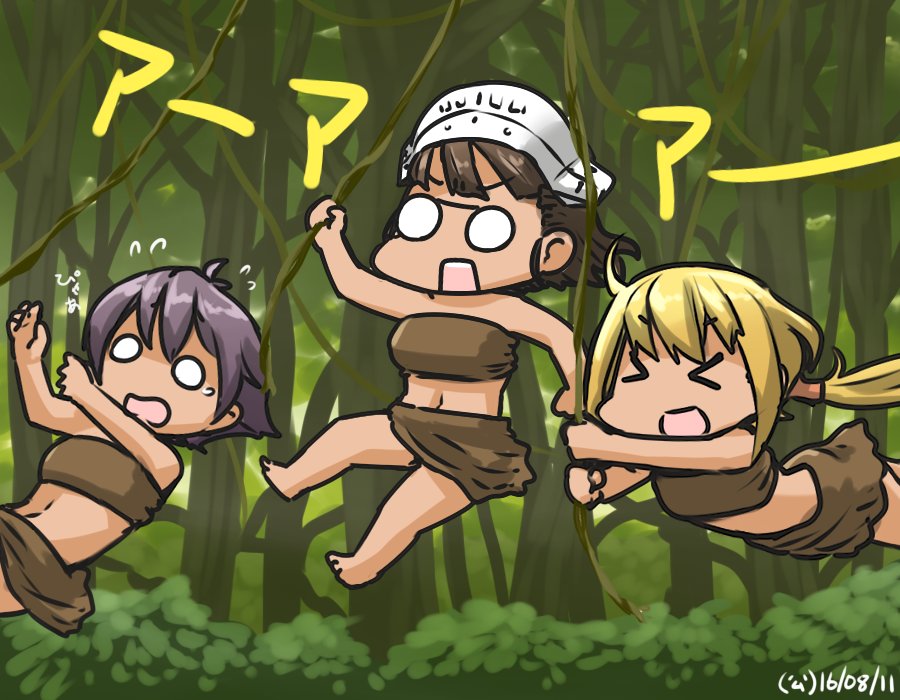 &gt;_&lt; 3girls :d blonde_hair brown_hair closed_eyes commentary dated flying_sweatdrops forest glasses hamu_koutarou hat kantai_collection leather_skirt long_hair midriff multiple_girls nature o_o open_mouth pince-nez purple_hair roma_(kantai_collection) sakawa_(kantai_collection) sarong satsuki_(kantai_collection) short_hair smile solid_circle_eyes swinging twintails xd