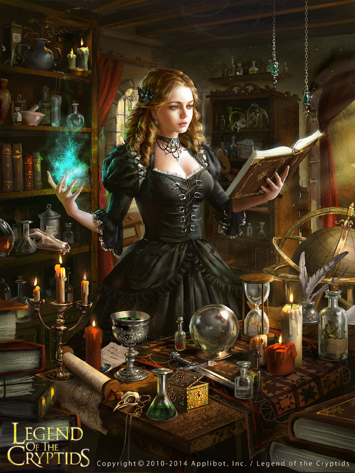 1girl 2014 black_dress book book_stack bookshelf bottle box candle candlestand choker copyright_name dagger dress earrings globe goblet hair_ornament hourglass indoors inkwell jewelry laura_sava legend_of_the_cryptids magic open_book pestle quill scroll skull solo standing table watermark weapon window