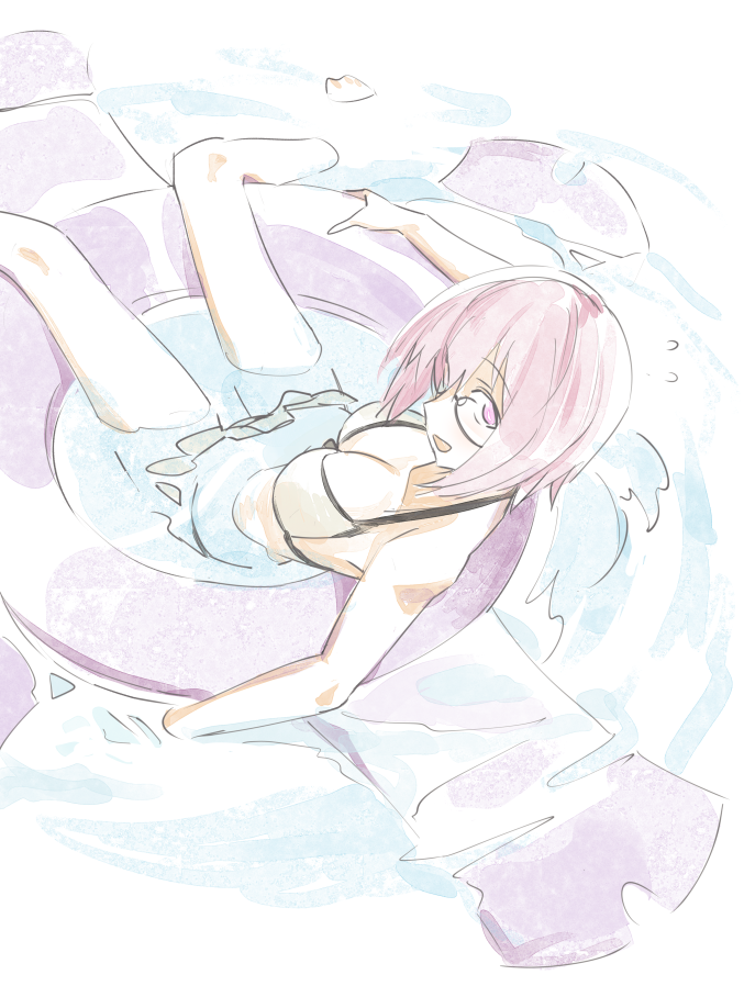 1girl afloat alternate_costume bare_arms bare_legs bare_shoulders barefoot bikini black-framed_eyewear breasts cleavage collarbone fate/grand_order fate_(series) female glasses inflatable_toy medium_breasts ningen_(ningen96) pale_color partially_submerged pink_hair semi-rimless_glasses shielder_(fate/grand_order) short_hair solo swimsuit under-rim_glasses water white_background white_bikini