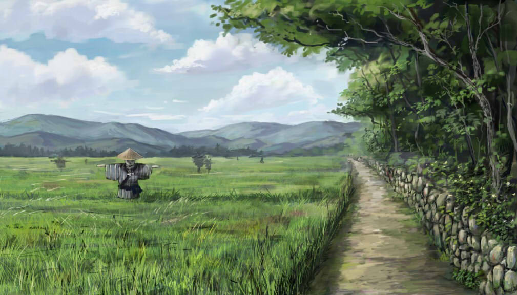 clouds grass mountain no_humans original rice_paddy road scarecrow scenery sky stone_wall tree wall yukimakota