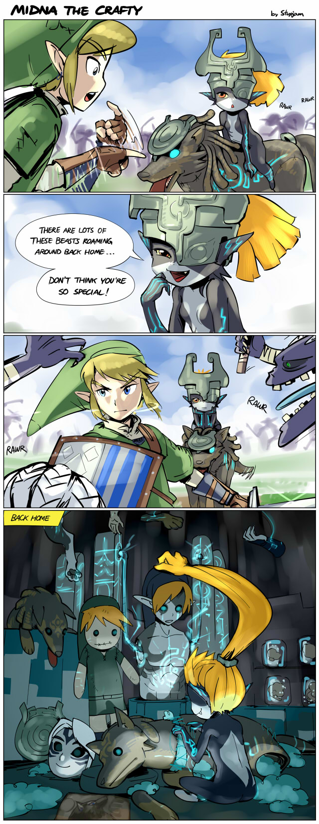 4koma blonde_hair blue_eyes bokoblin comic doll english fang green_clothes green_hat hand_to_own_mouth hat hat_over_one_eye highres jam link mannequin mask midna pointing prehensile_hair shield stuffed_animal stuffed_toy stuffing stup-jam sword tail_wagging the_legend_of_zelda weapon wolf yandere zelda_musou