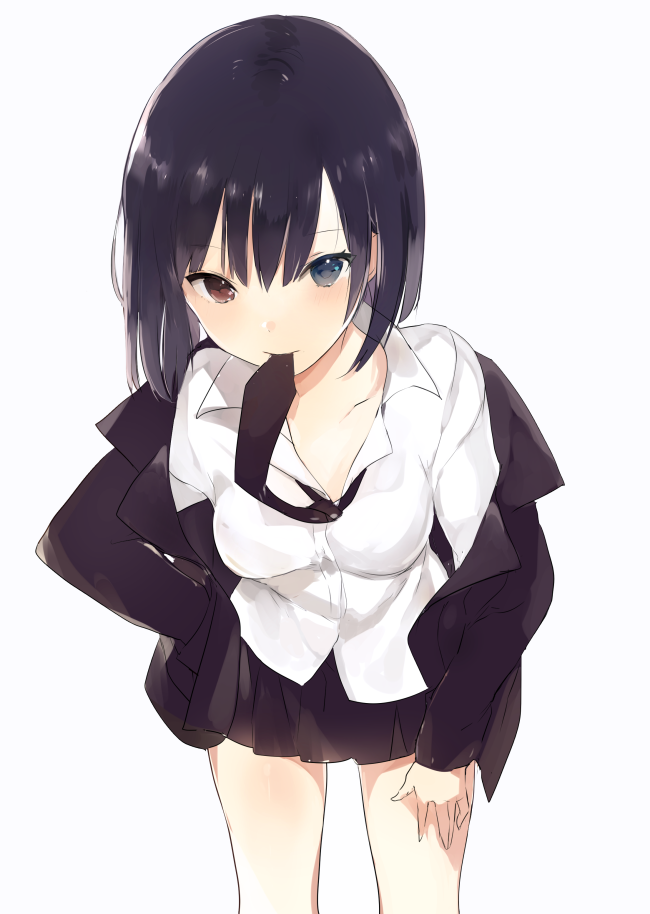 1girl black_hair black_jacket black_necktie black_skirt blue_eyes blush breasts collarbone collared_shirt cowboy_shot hand_on_hip hand_on_thigh heterochromia jacket leaning_forward long_sleeves looking_at_viewer lp_(hamasa00) lpip medium_breasts mouth_hold necktie off_shoulder open_clothes open_jacket original pleated_skirt red_eyes shirt short_hair simple_background skirt solo standing white_background white_shirt wing_collar