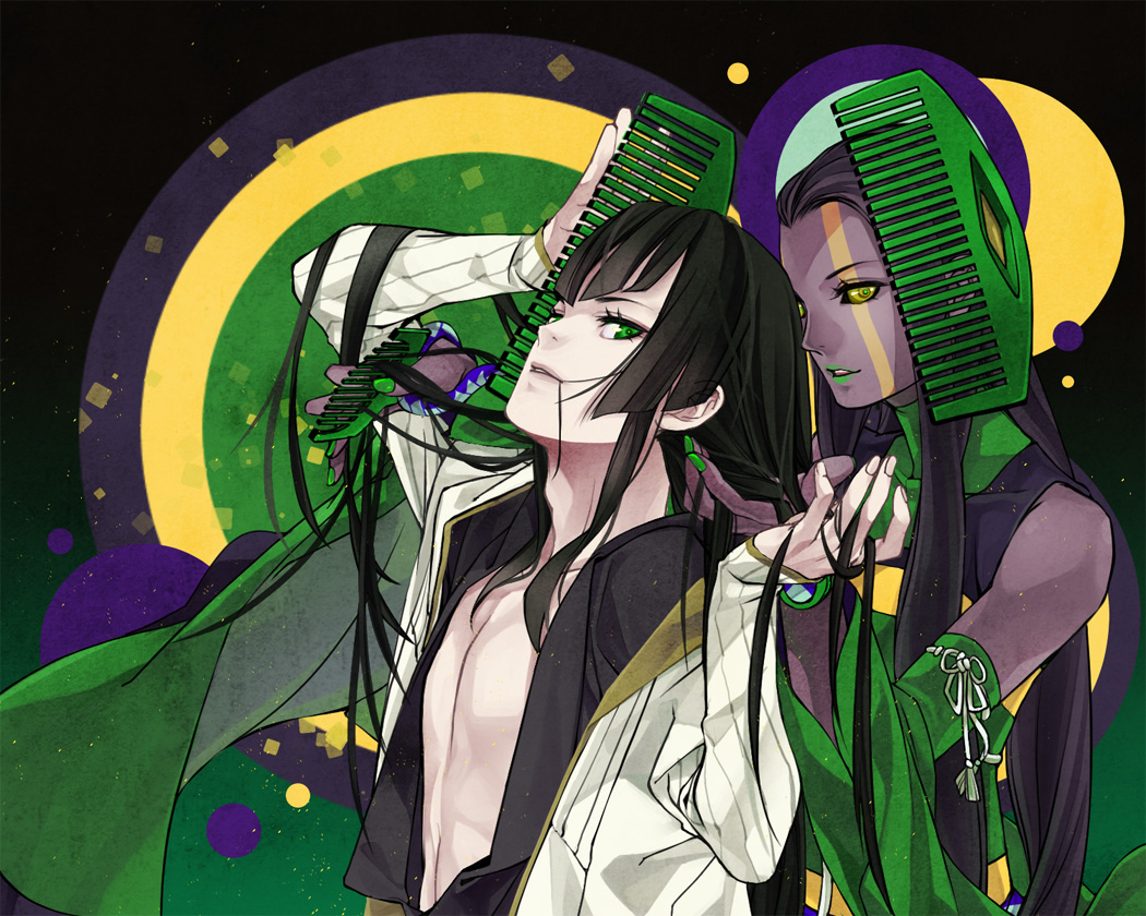 1boy 1girl black_hair black_sclera comb flynn_(smt4) green_eyes grey_skin kushinada-hime_(megami_tensei) long_hair looking_at_viewer shin_megami_tensei shin_megami_tensei_iv white-light yellow_eyes